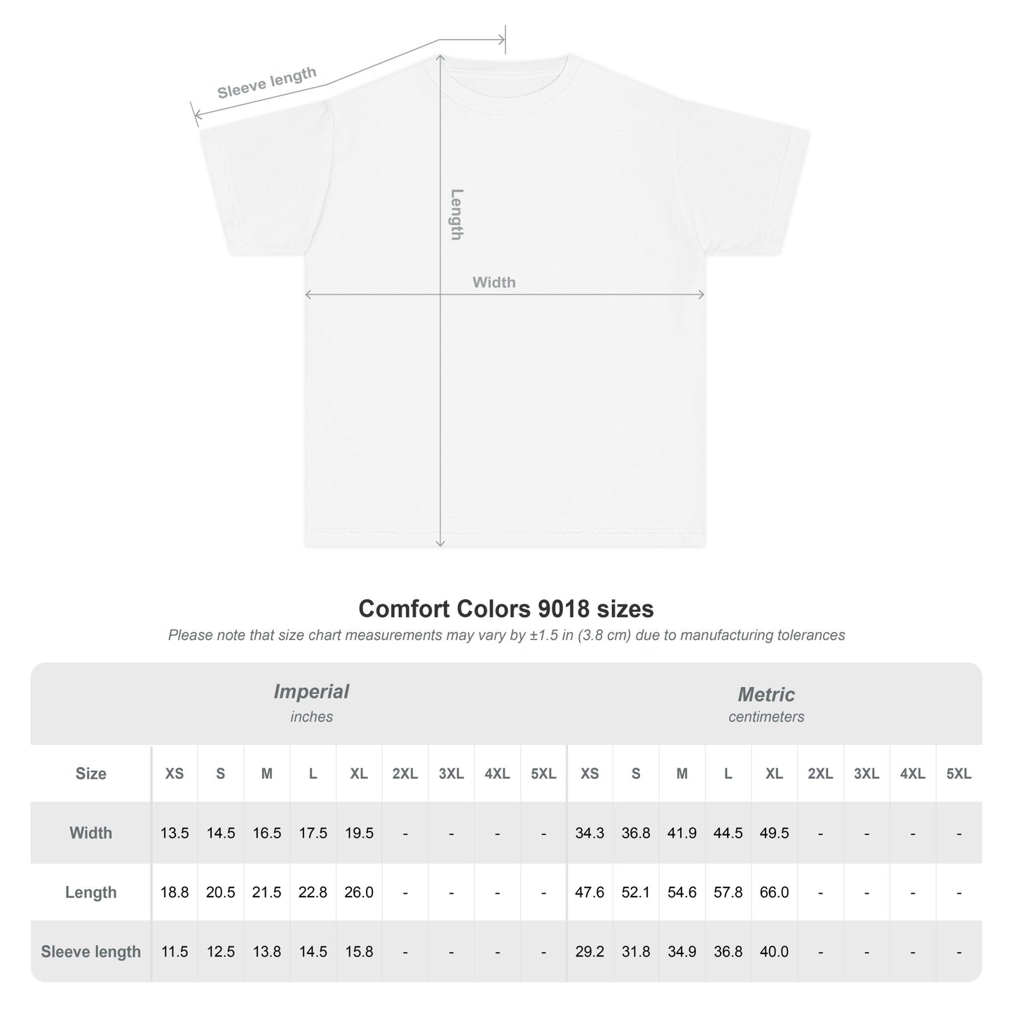 Measurement chart for a white t-shirt with dimensions labeled, including imperial and metric sizes.