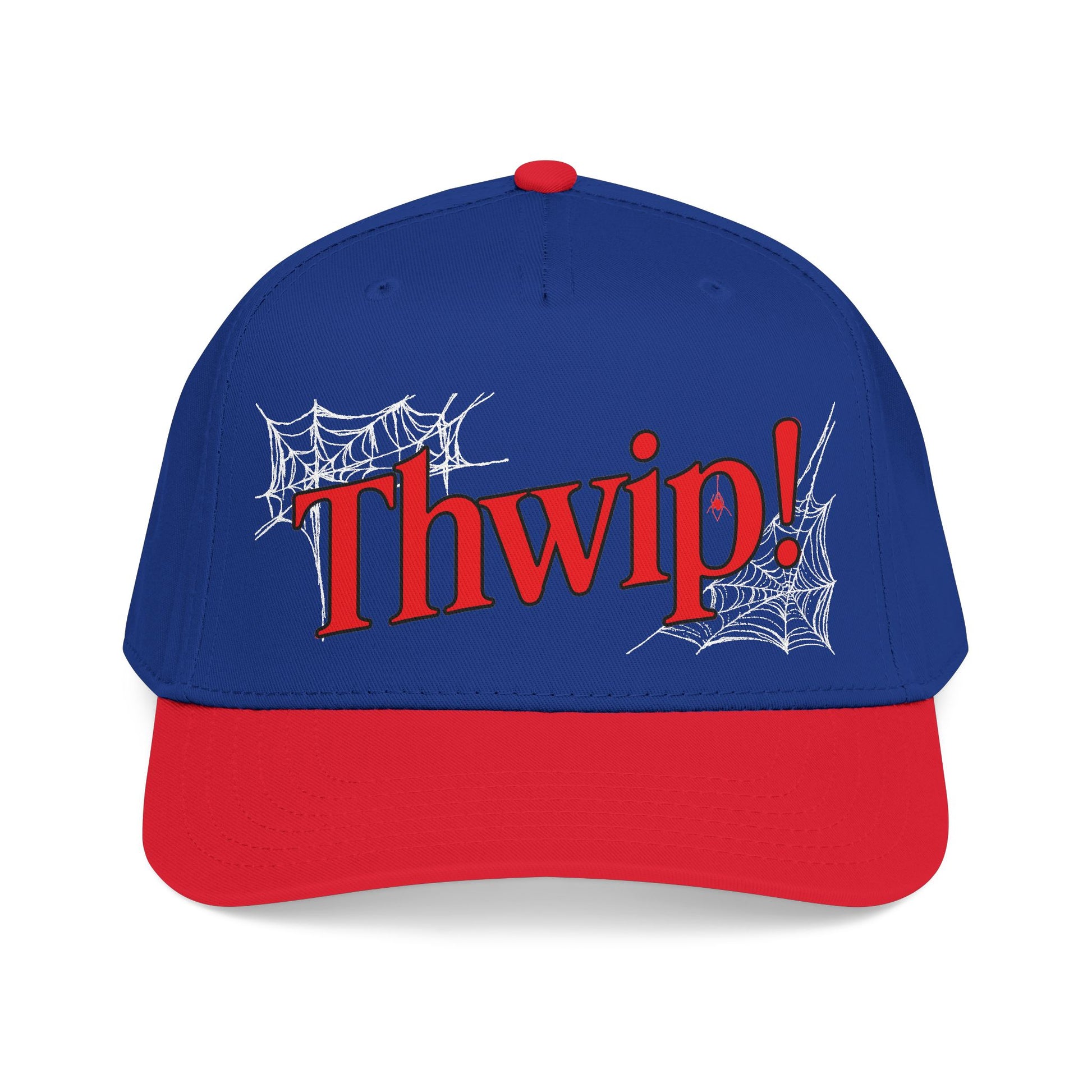 A blue and red baseball cap featuring the word 'Thwip!' in red with white spiderweb graphics on the front, set against a plain white background.