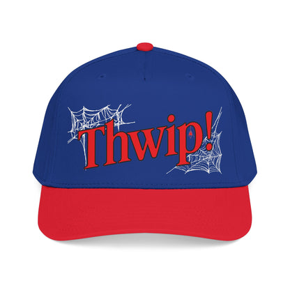 A blue and red baseball cap featuring the word 'Thwip!' in red with white spiderweb graphics on the front, set against a plain white background.