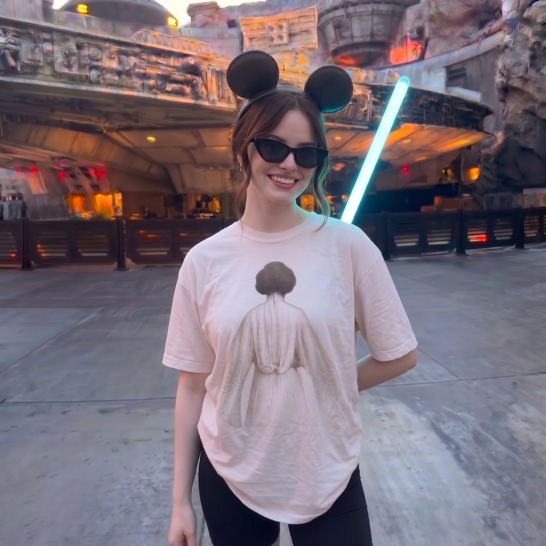 Person wearing a t-shirt with a graphic design, holding a light saber, and standing in front of a large spacecraft model.